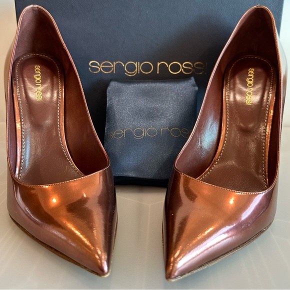 SALE SERGIO ROSSI GODIVA Red Dark Metallic Bronze Patent Leather Point Toe Pumps - Picture 2 of 12